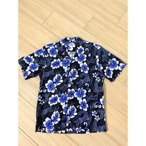 Hawaii Floral Button Up Shirt Men’s XL Black Blue Short Sleeve 100% Cotton